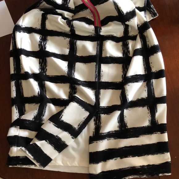 Eliza J Dress sz 6 white polyester knit sheath, 3/4 sleeve, black grid, lined - Picture 11 of 15